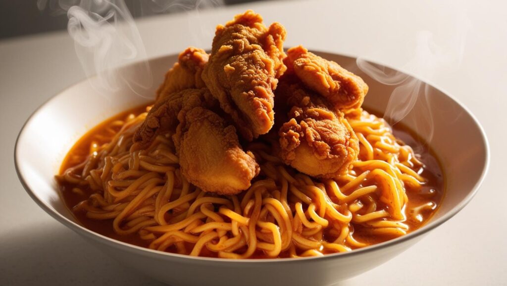 “A bowl of indomie served with a generous portion of fried chicken .