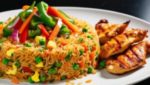 A colorful plate of Nigerian fried rice garnished with vegetables, served with grilled chicken