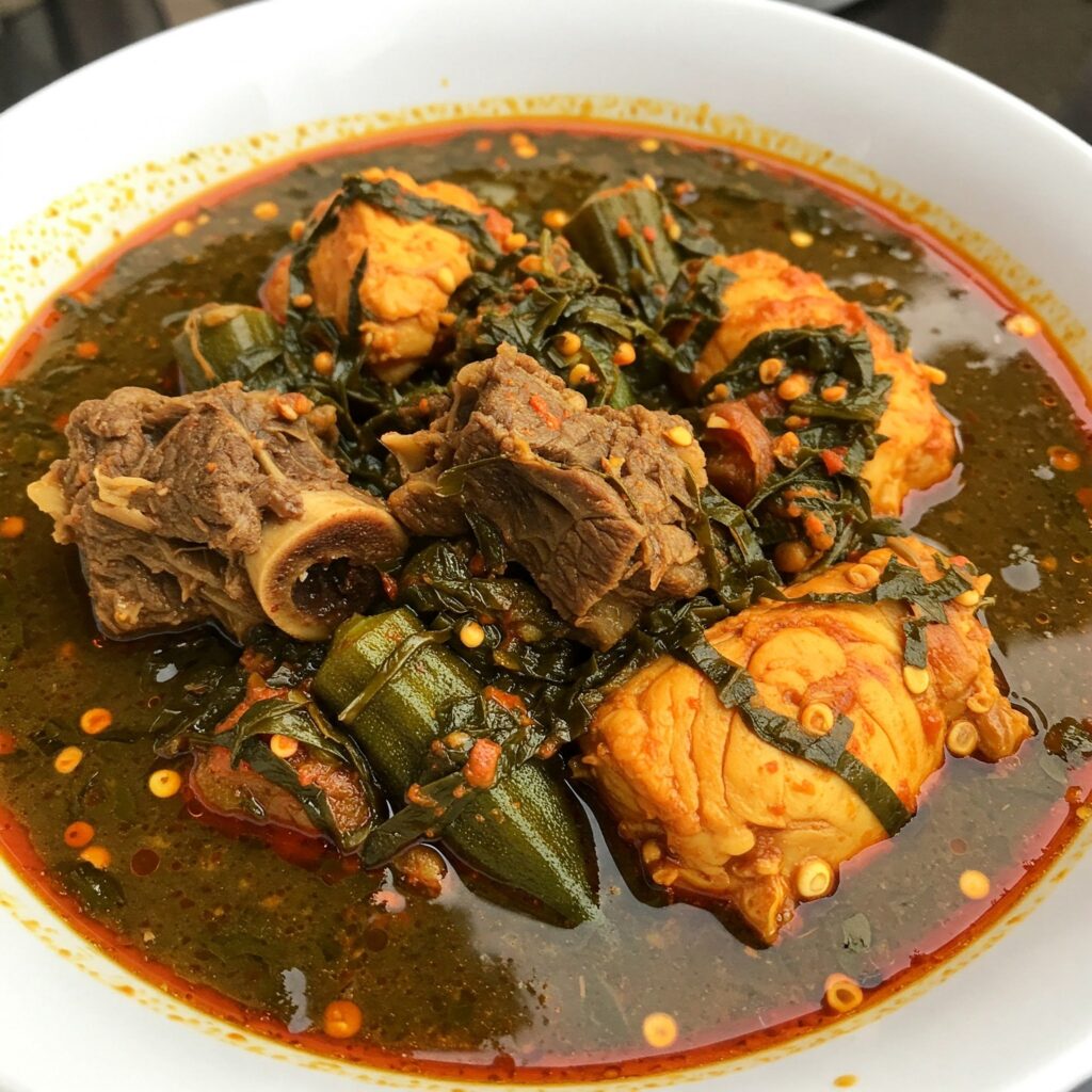 A freshly made okra soup with red oil, fish and goat meat