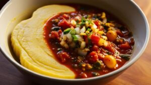 Boiled yam served with spicy Nigerian egg sauce made with tomatoes, onions, and peppers