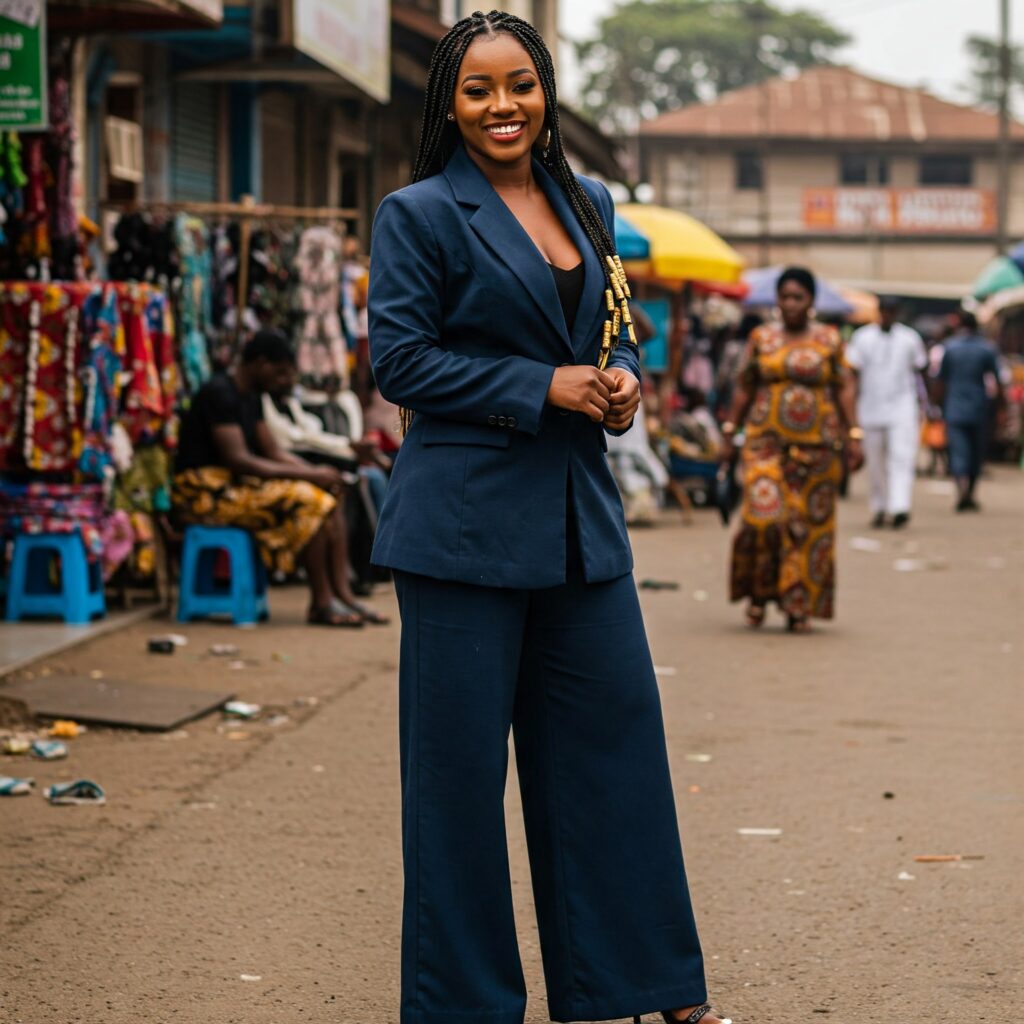 Nigerian woman in smart office outfit with chic accessories