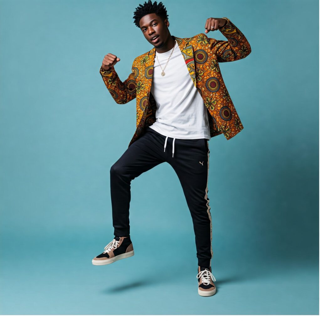 Afro-streetwear look featuring Ankara bomber jackets and joggers