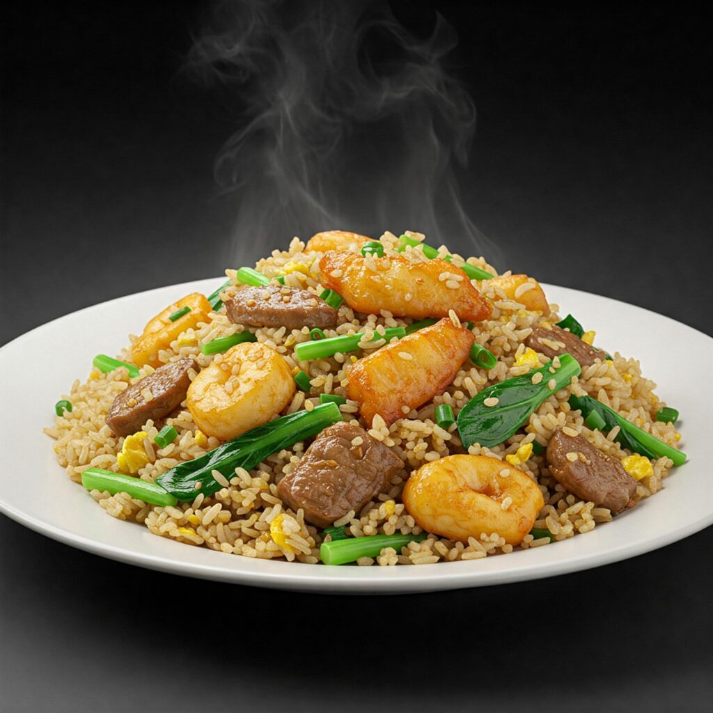 fried rice garnished with green veggies andBudget-friendly Nigerian meals fried meat and fish