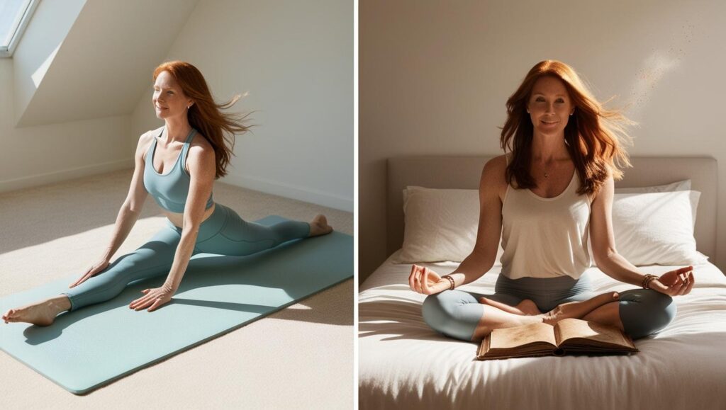 A woman journaling on her bed as part of her morning routine, without a phone.