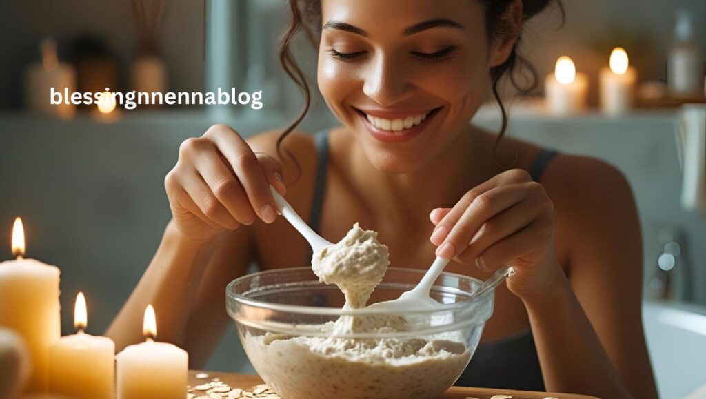 Hand mixing an oatmeal face mask