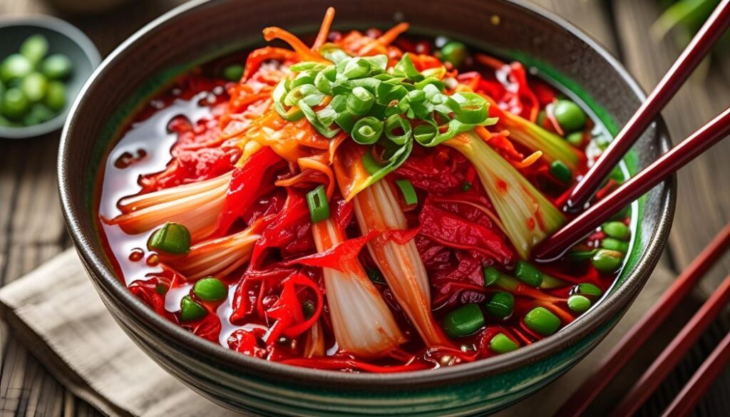 A bowl of freshly made kimchi with chopsticks