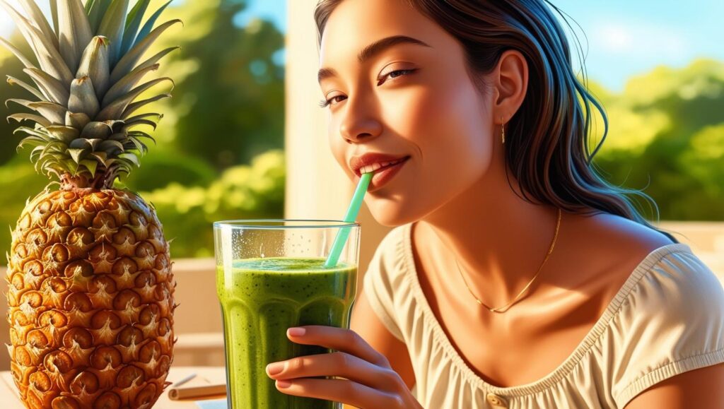 a woman seeping on Smoothie with pineapple, ginger, and spinach
