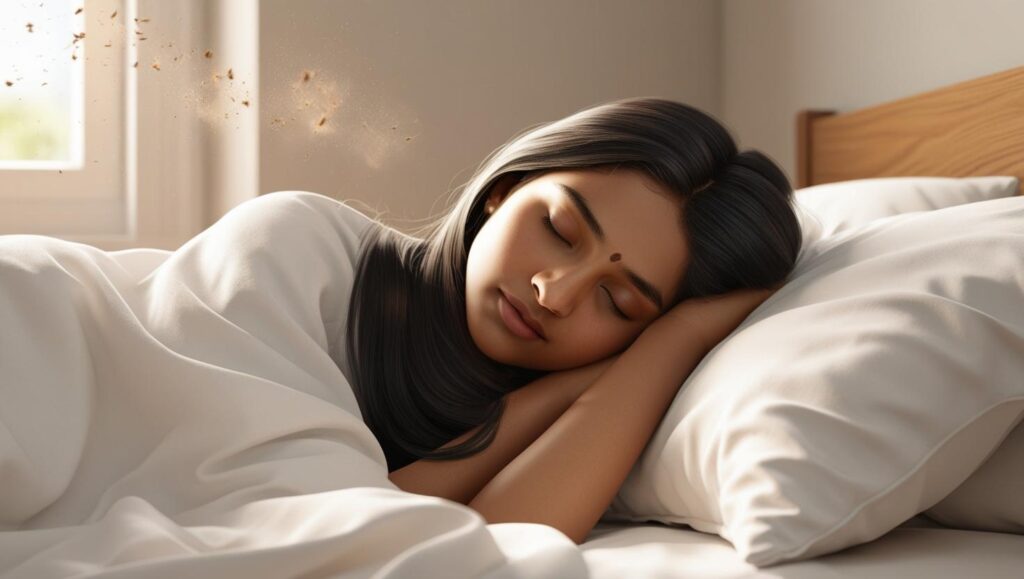 a woman sleeping peacefully on bed