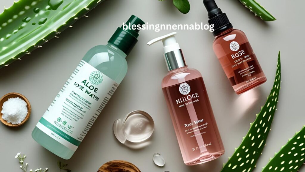 Skincare flat lay featuring aloe, rose water, etc.