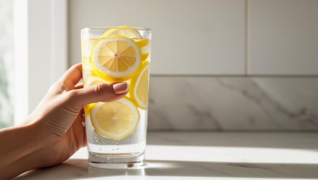 A refreshing glass of lemon water for a healthy self-care routine.