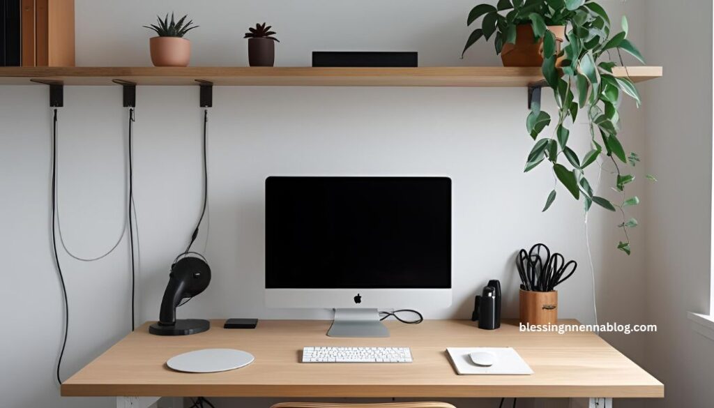 A minimalist workspace with shelves and tidy cable management