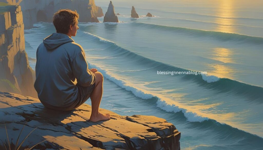 A serene moment – person looking at the ocean or sunrise with a peaceful expression