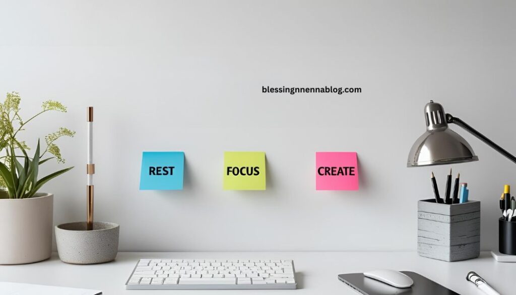 A minimalist workspace with sticky notes labeled “Rest,” “Focus,” and “Create”