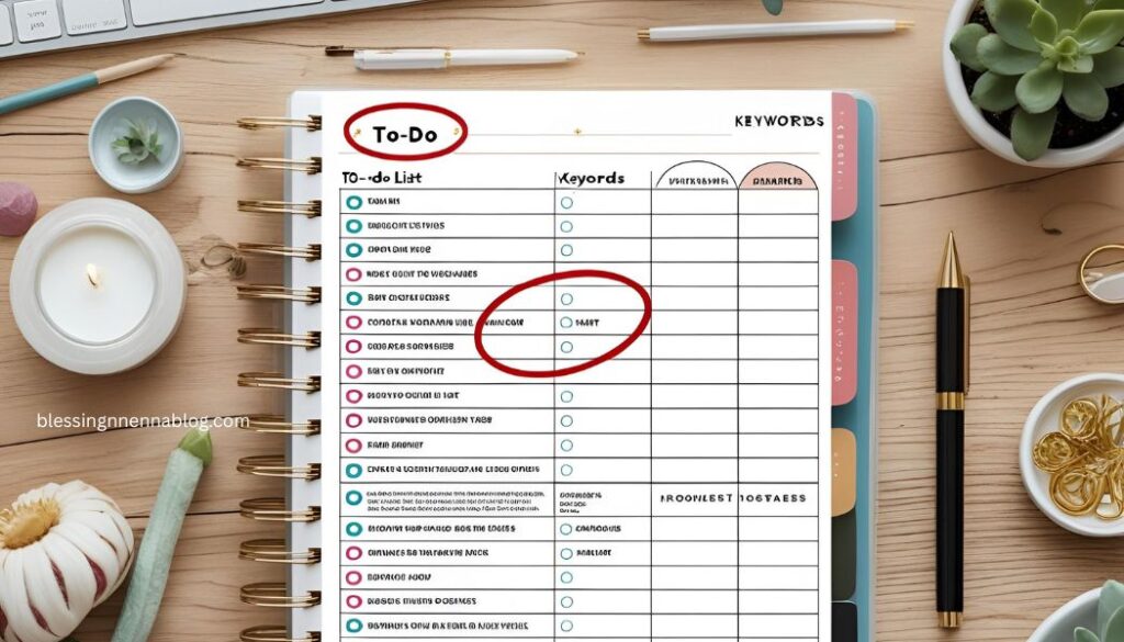 A to-do list  digital planner with intentional keywords circled