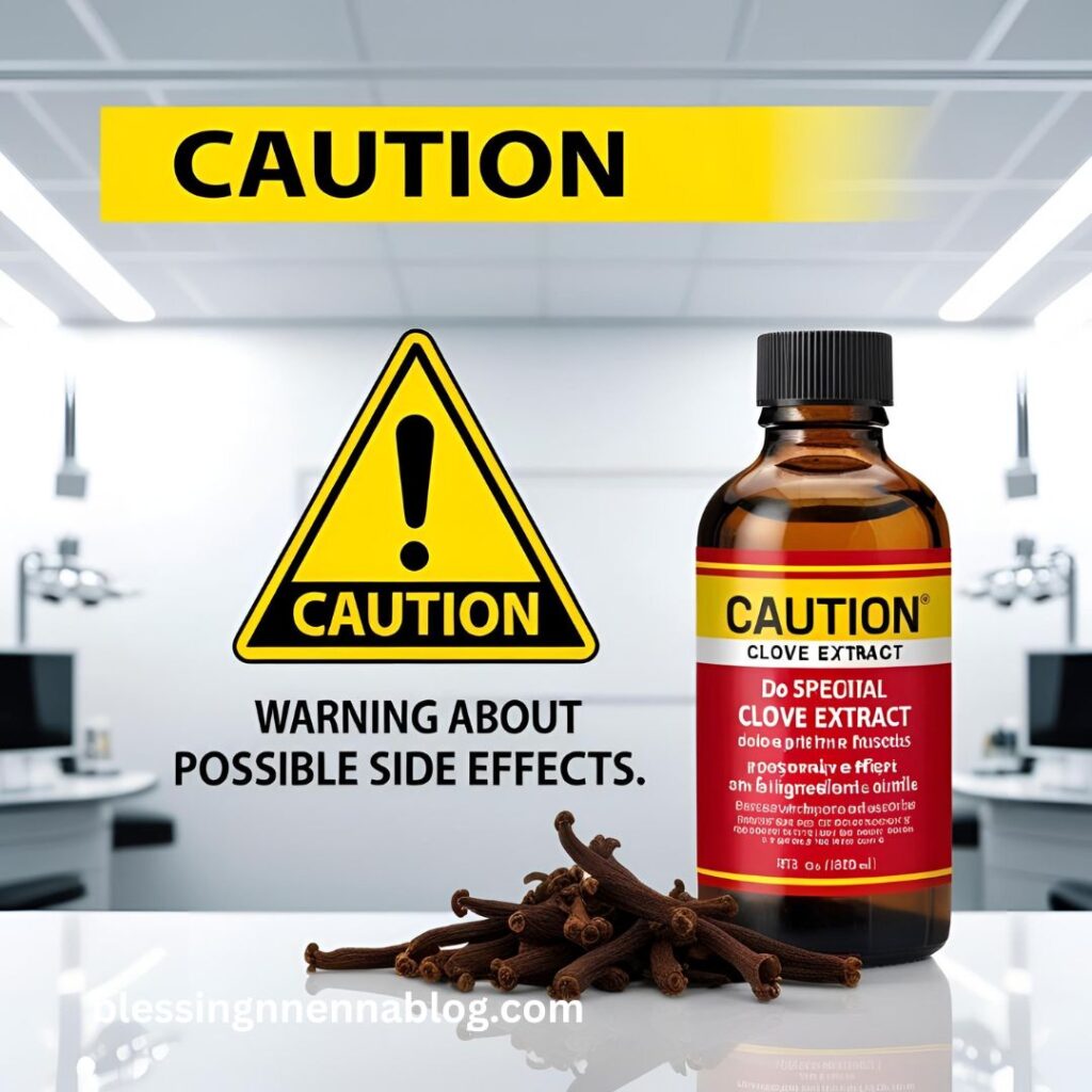 Precaution warning with clove oil bottle for safe use