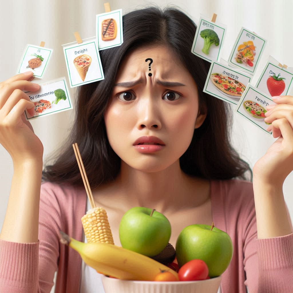 Confused person overwhelmed by diet advice