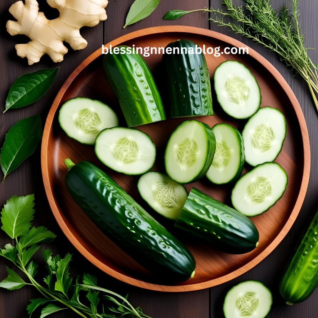 A vibrant flat lay of fresh cucumbers, sliced and whole, on a wooden tray with Nigerian herbs like scent leaf and ginger around.