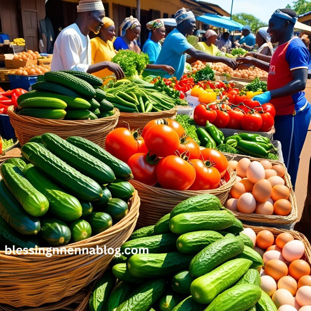 A bustling Nigerian local market with a display of fresh cucumbers in baskets beside tomatoes, peppers, and garden eggs.