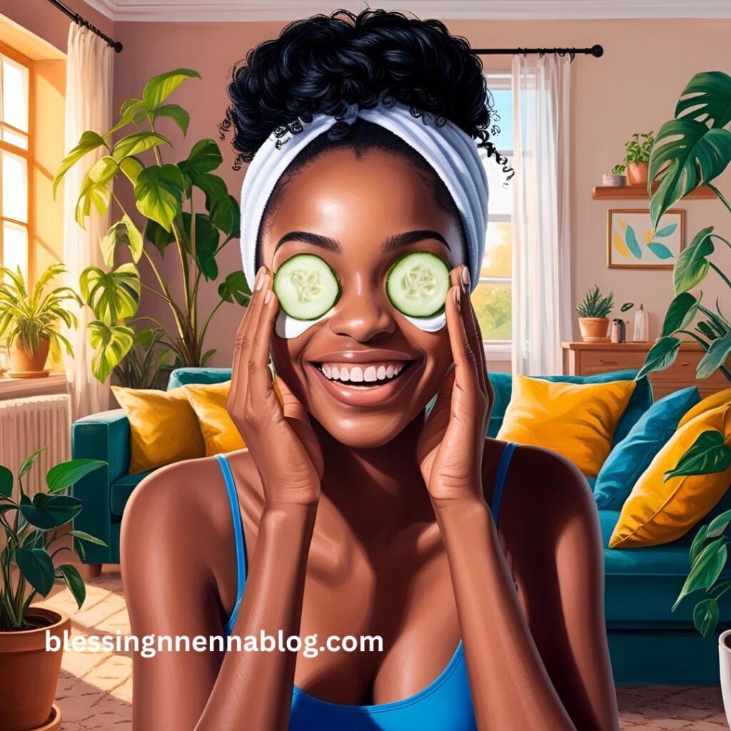 A young Nigerian woman applying cucumber slices to her eyes as part of a skincare routine at home.