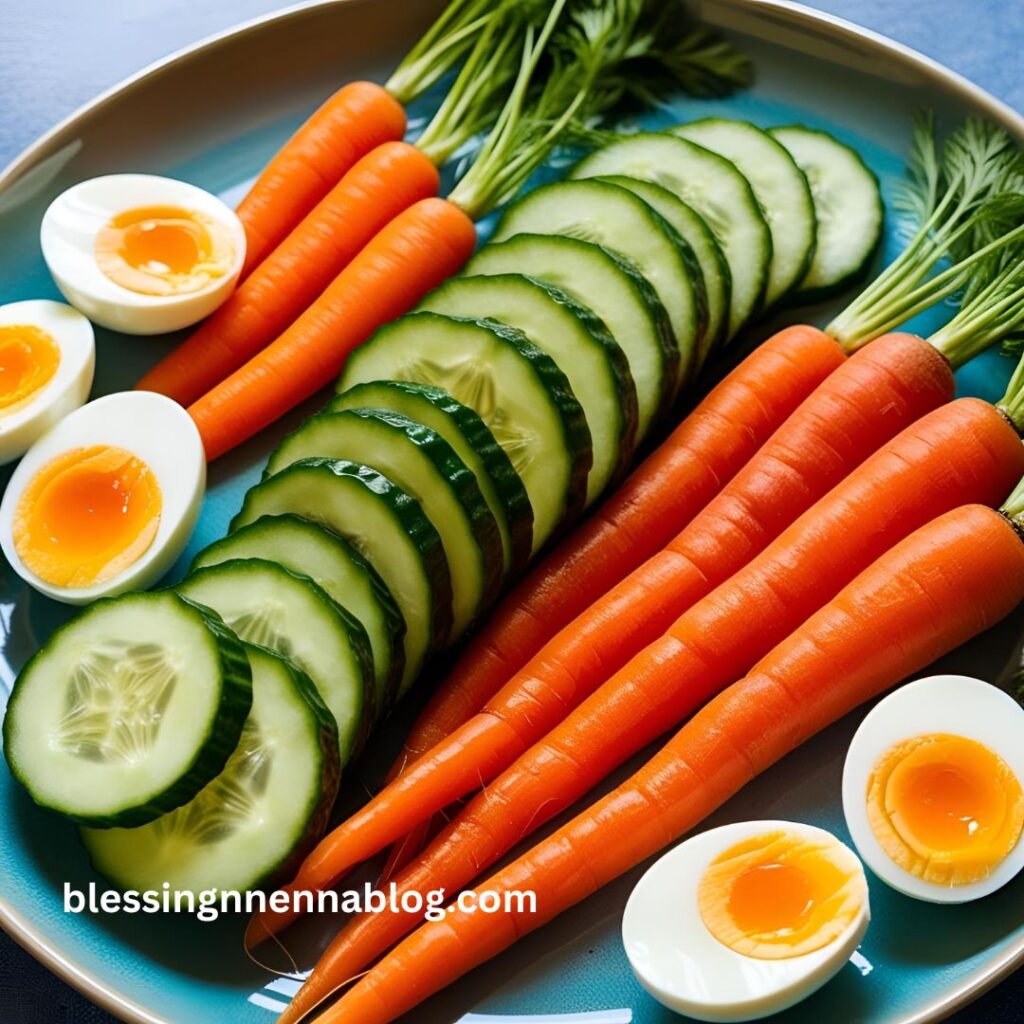 A plate with sliced cucumbers, carrots, and boiled eggs 