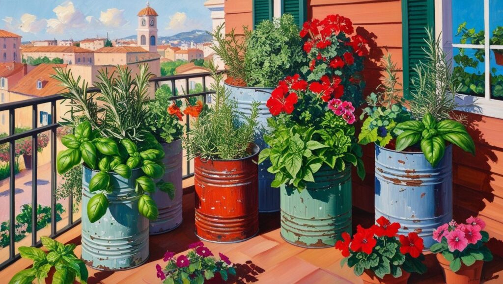 Colorful tin can planters on a windowsill.