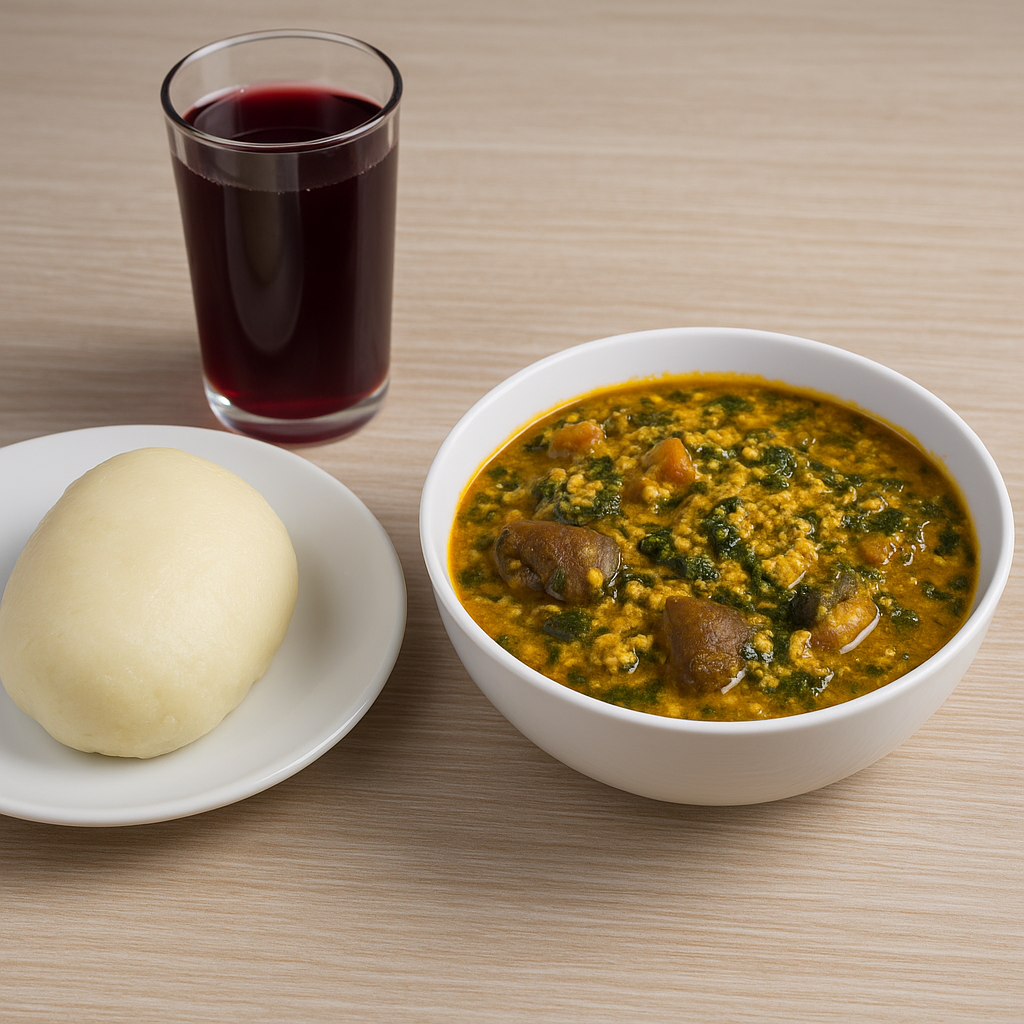egusi soup with pounded yam and a glass of chilled Zobo drink.