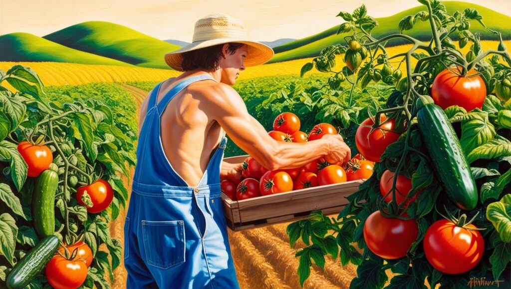 Person picking vegetables on a small farm.”


