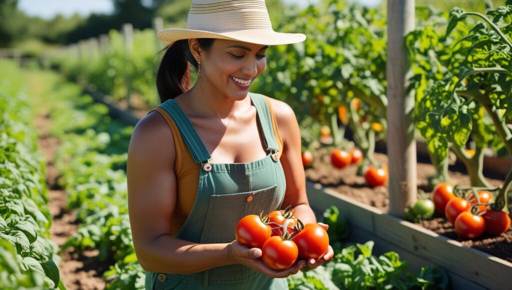 Person picking vegetables on a small farm.”

