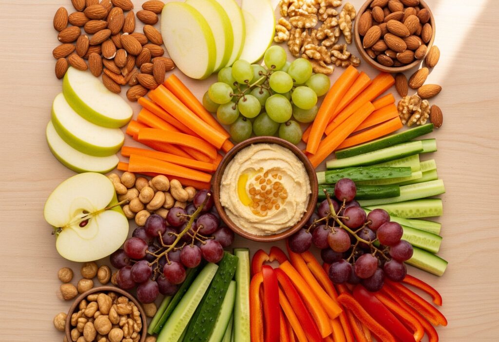 Assorted healthy snacks including fruits, nuts, and dips