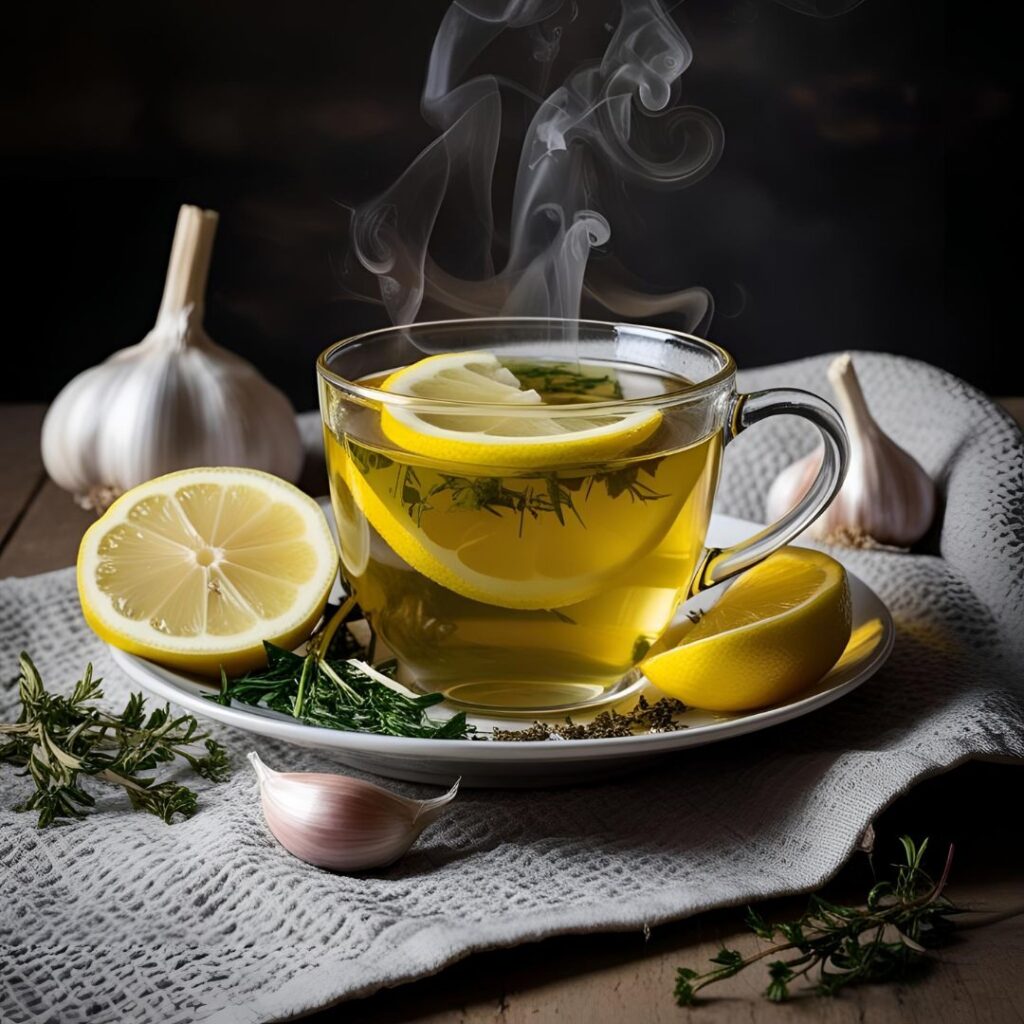 A steaming cup of garlic tea with lemon slices