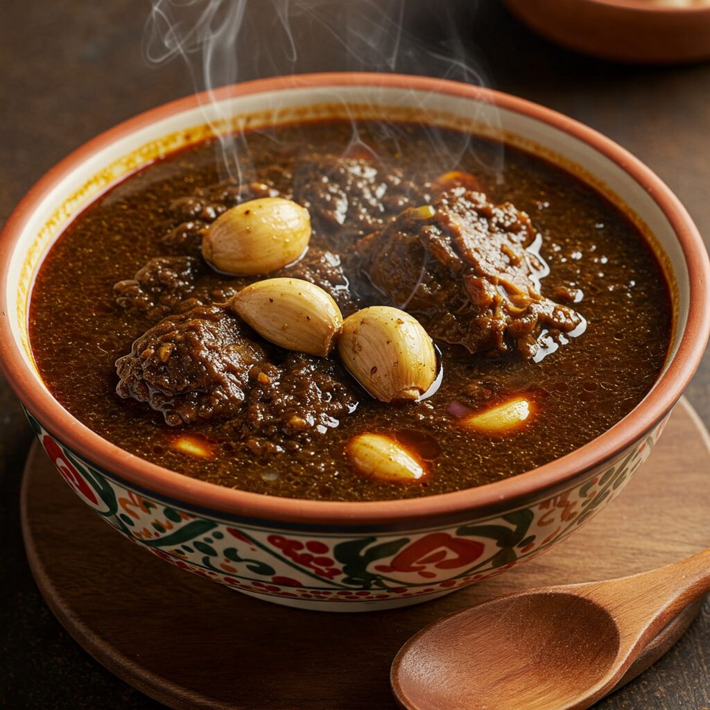 A bowl of Nigerian pepper soup with visible garlic cloves