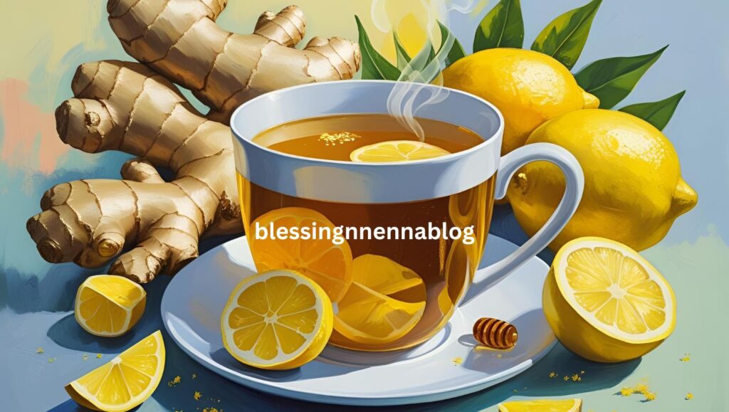 A steaming cup of ginger tea with lemon and honey