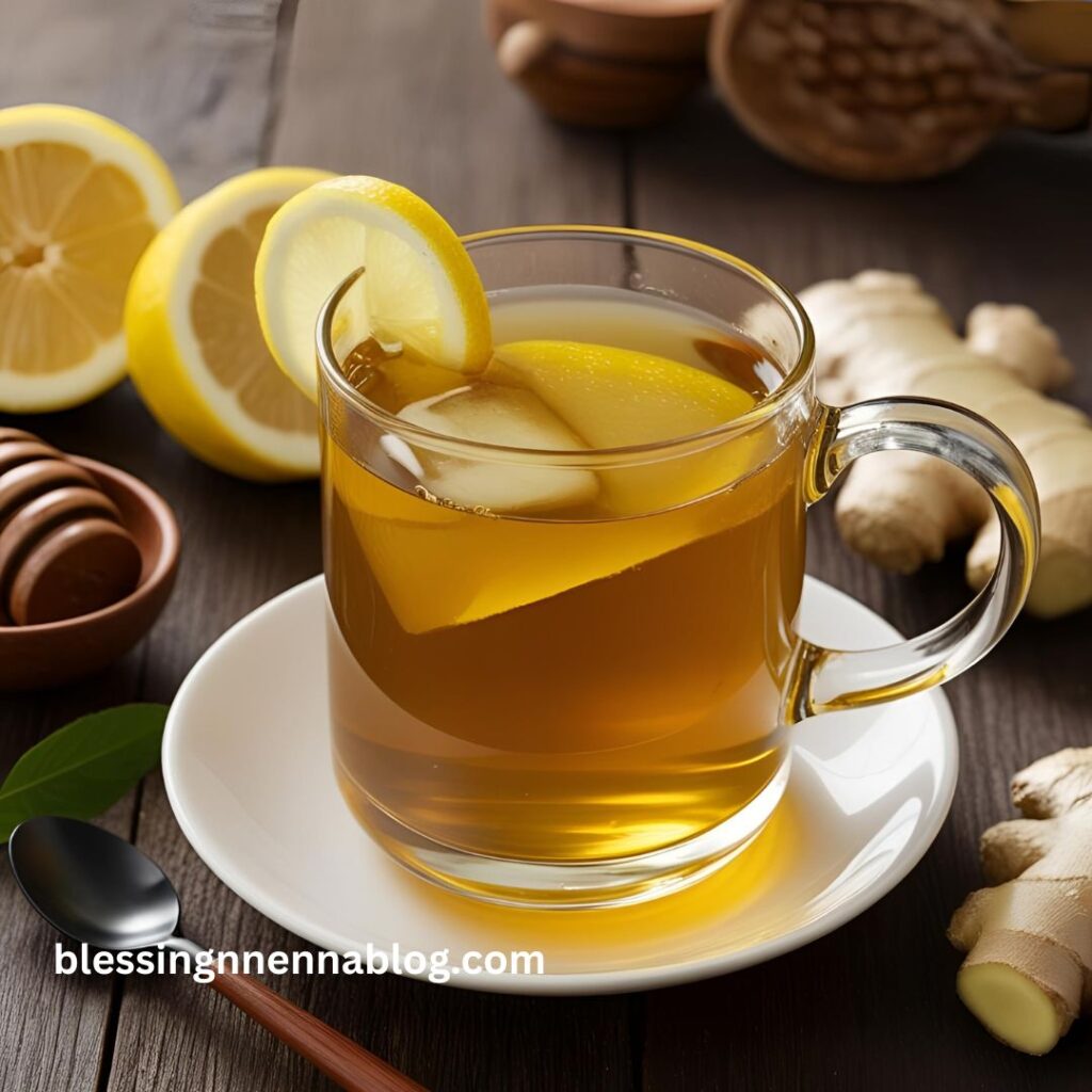 A steaming cup of ginger tea with honey and lemon on a rustic table—natural remedy for colds and digestive issues 