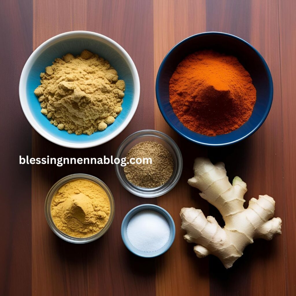Traditional Nigerian suya spice ingredients including ginger powder, garlic, and chili—used for flavor and health.