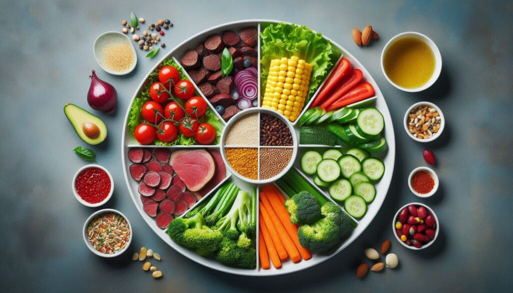 Visual of a balanced diet plate with vegetables, grains, and protein portions