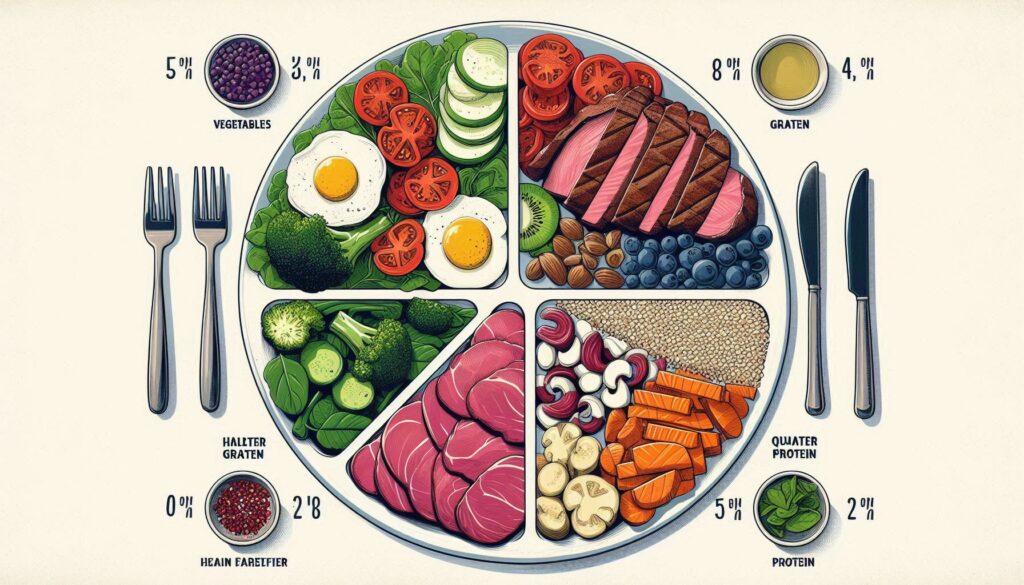 Portion guide showing half plate vegetables, quarter grains, and quarter protein