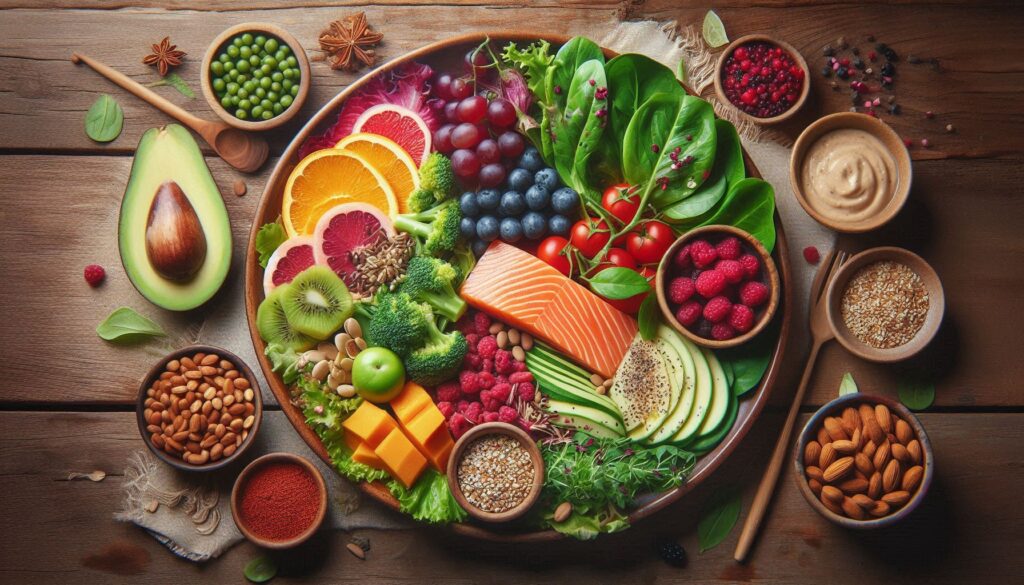 A balanced meal with vegetables, whole grains, protein, and fruit on a white plate