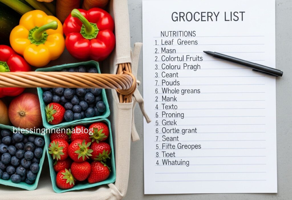Healthy grocery list with fresh fruits and vegetables
