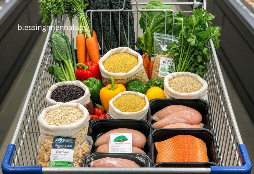 Balanced grocery cart with healthy foods