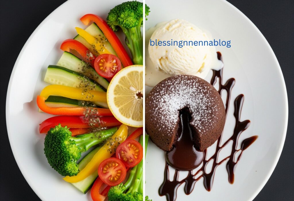 Balanced plate showing 80% healthy and 20% indulgent foods