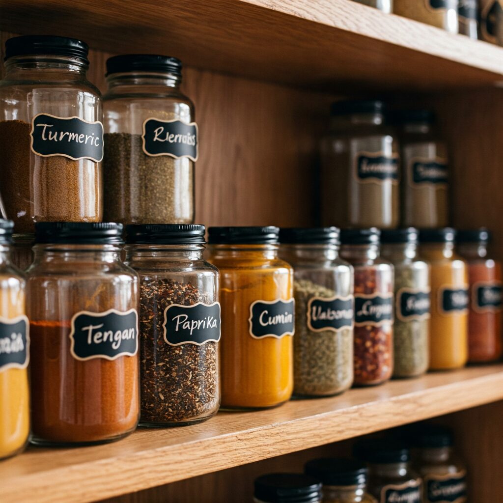 Labeled jars of herbs and spices used in cooking and healing
