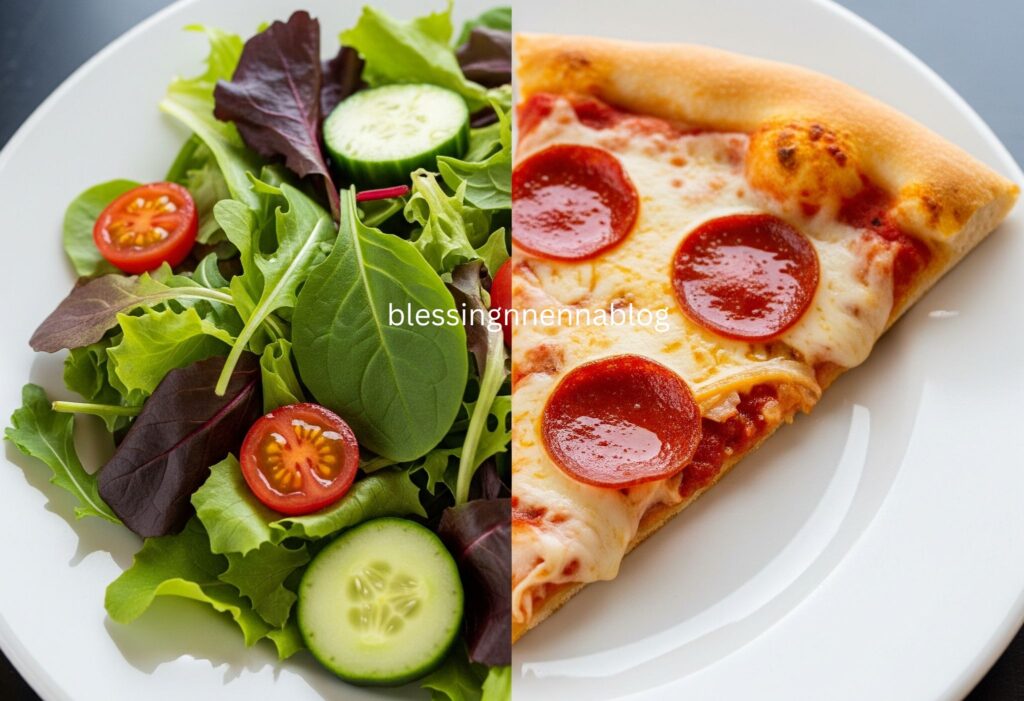 Balanced plate with healthy and indulgent foods