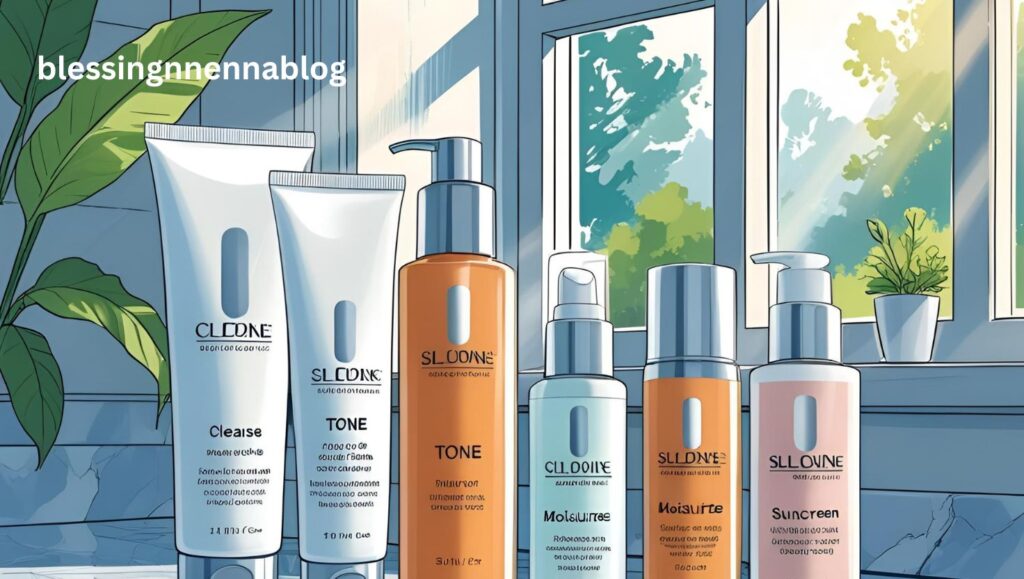 Step-by-step skincare routine: cleanse, tone, moisturize, and sunscreen