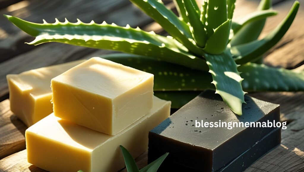 Raw shea butter, black soap, and aloe vera on a table.