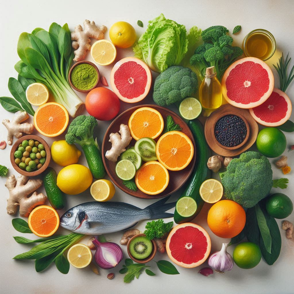 Nigerian dishes featuring fish, vegetables, and local fruits