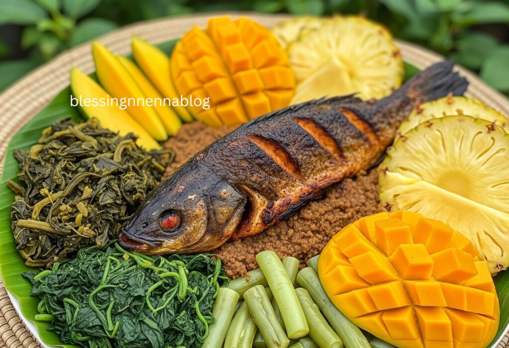 Nigerian dishes featuring fish, vegetables, and local fruits