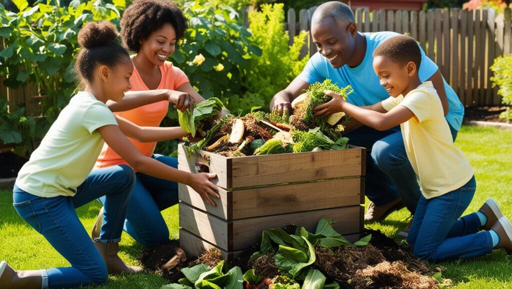 Children and parents putting food scraps into a backyard compost bin.