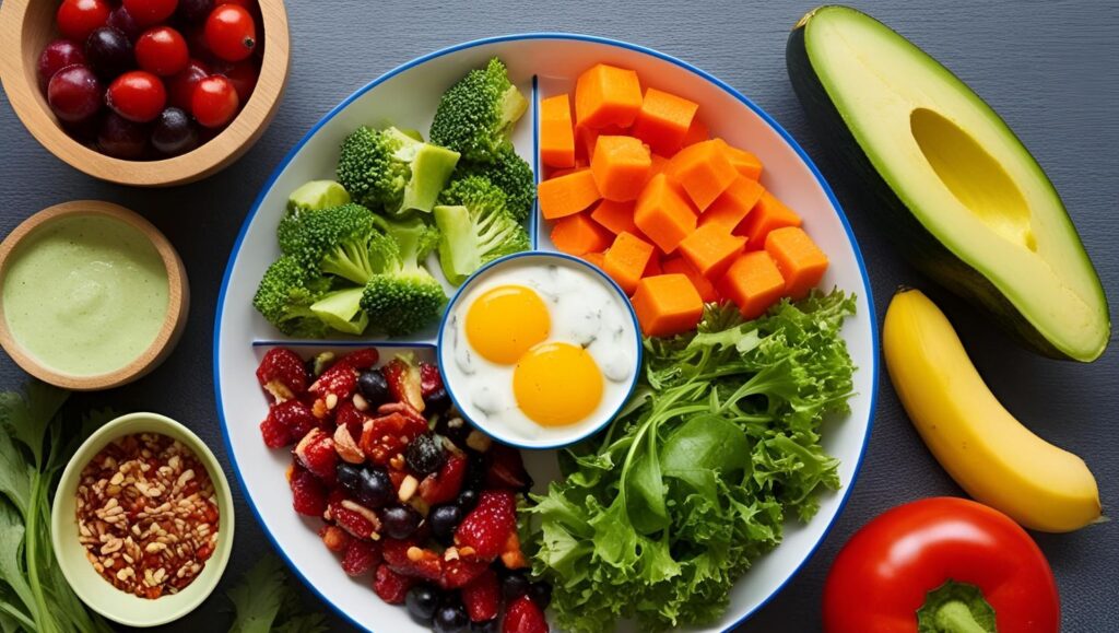 Healthy plate with sweet potato, salmon, and broccoli