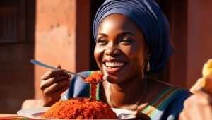  image of a Nigerian lady eating ofada rice 