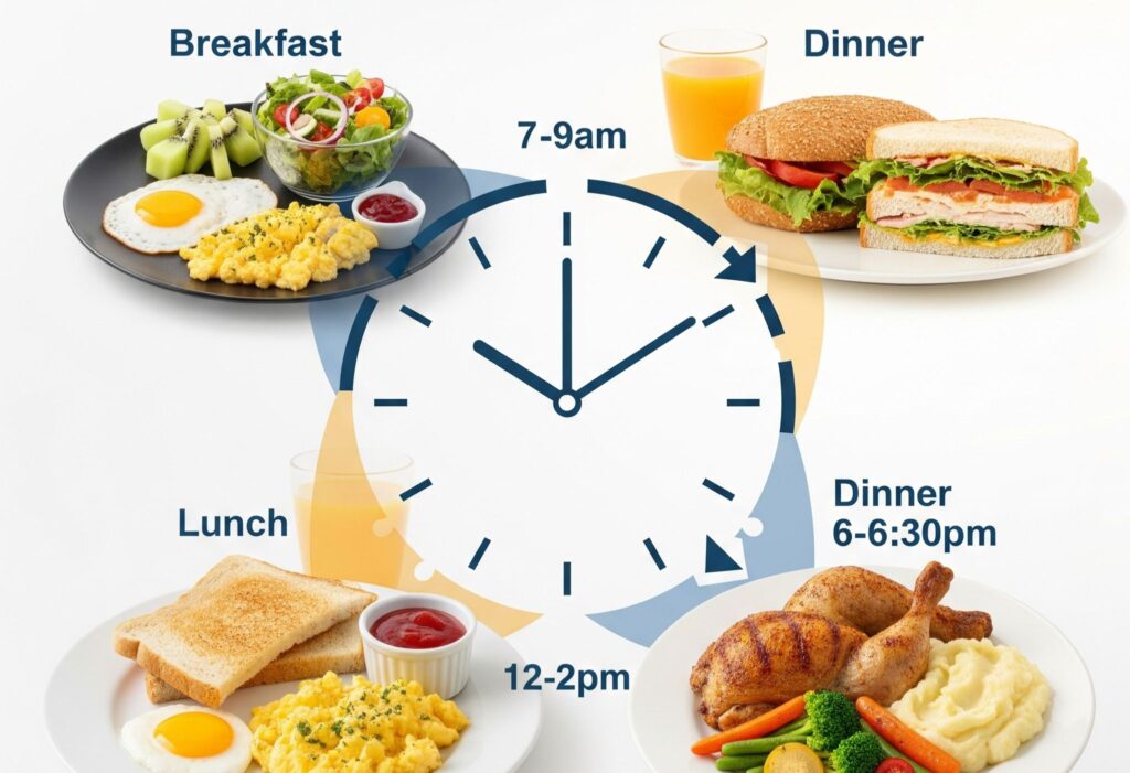 Visual concept of meal timing with clock and meals